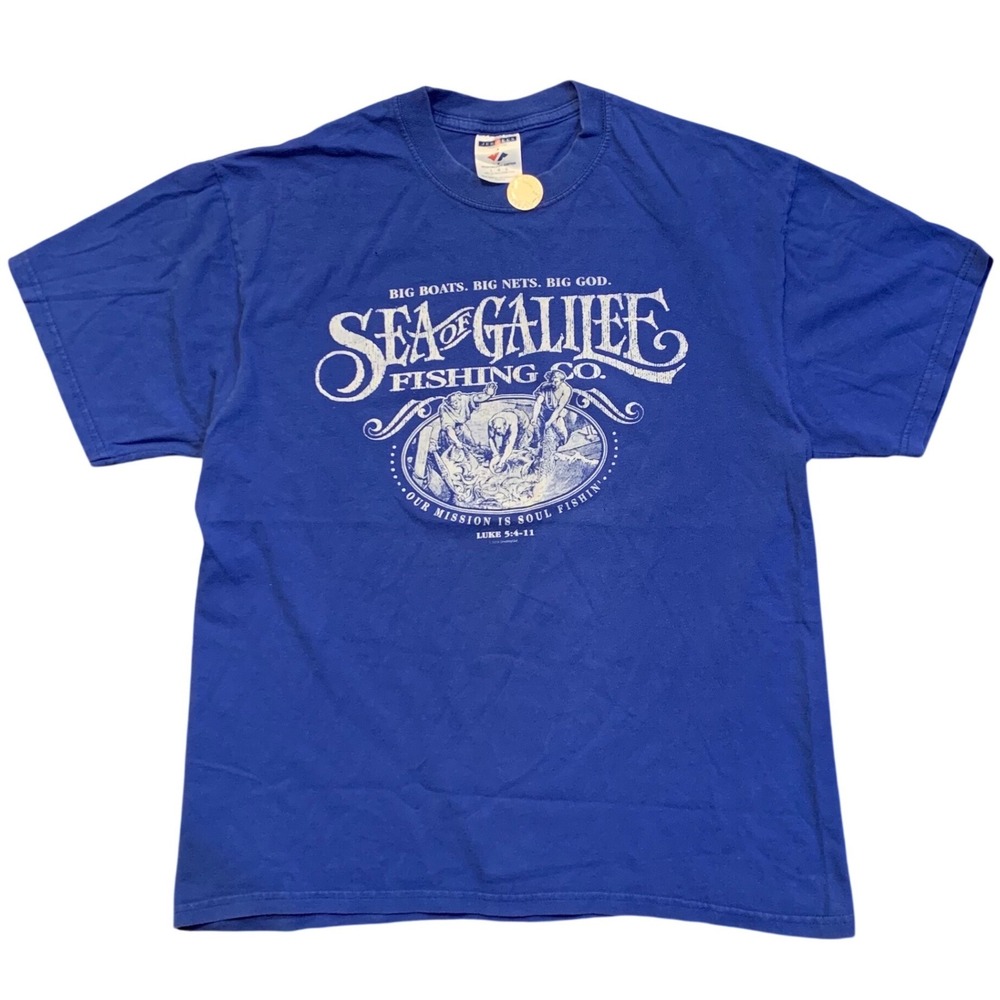 VTG Jerzees Sea of Galilee Fishing Co Christian T-Shirt Blue Large